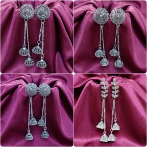 GirlyPick Antique Silver Oxidised Earring Combo for Women & Girls – Pack of 4