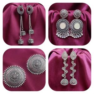 Traditional Silver Oxidized Jhumka Earrings Combo (102)- Set of 4