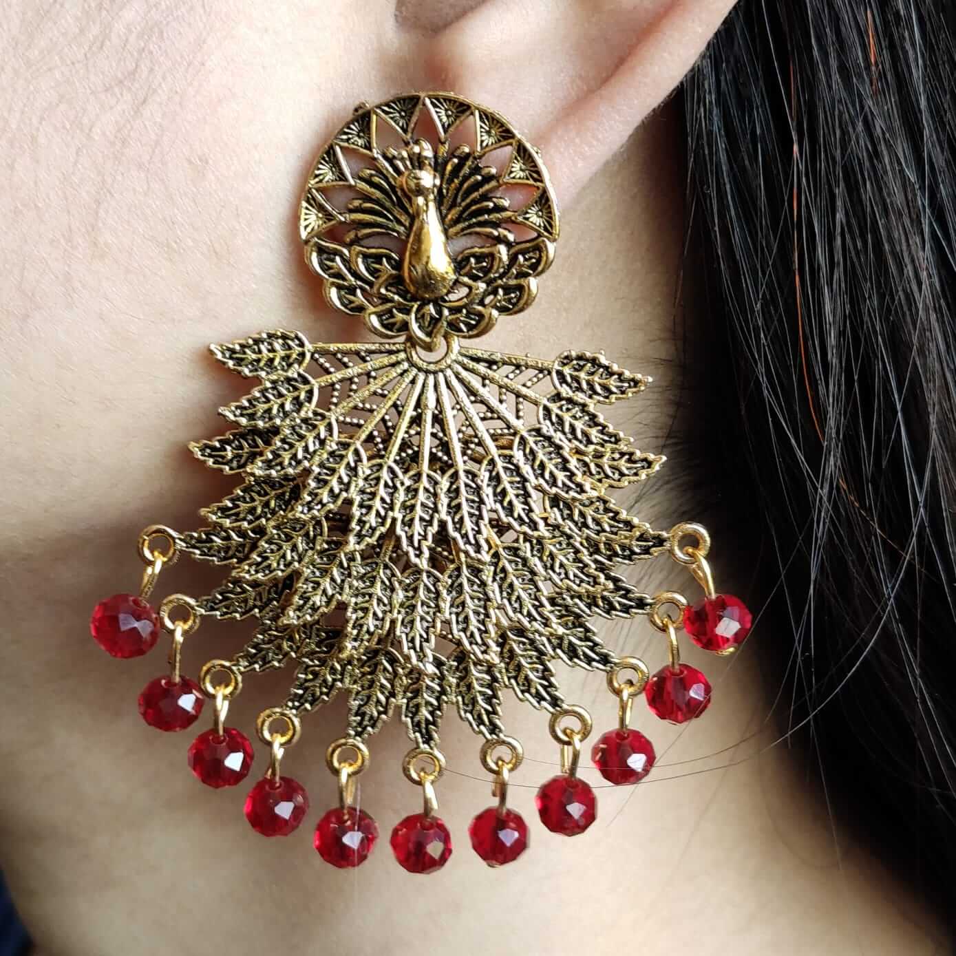 Traditional Gold Oxidized Red Pearl Jhumka Earrings – Design 28