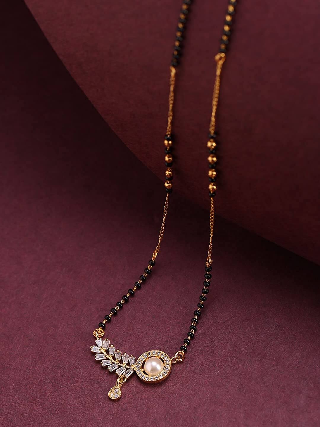 Gold-Plated AD, Black Beaded Chain Mangalsutra for Women